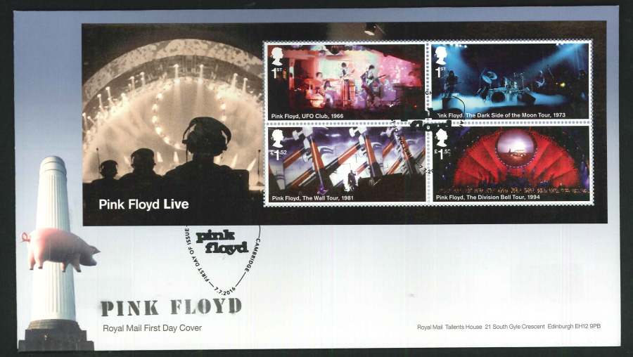 2016 - Pink Floyd, Minisheet First Day Cover, Grantchester, Cambridge Postmark